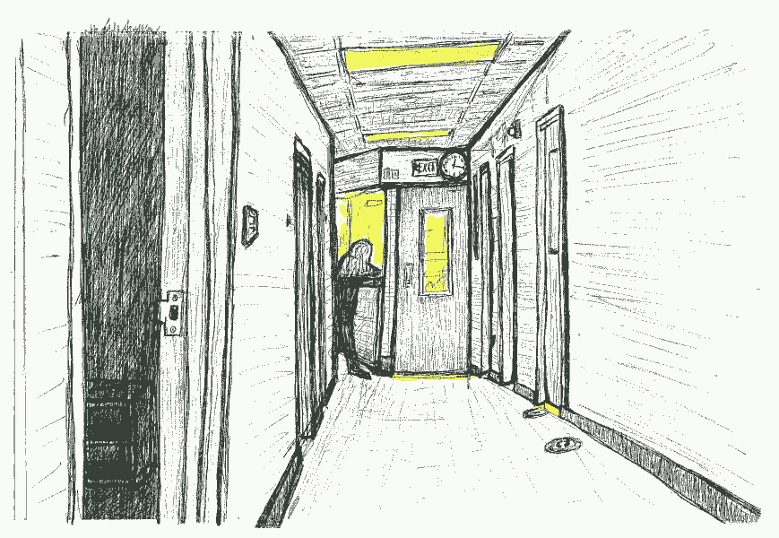 Unit 3 hallway: doors open off both sides, nurse’s station at end.